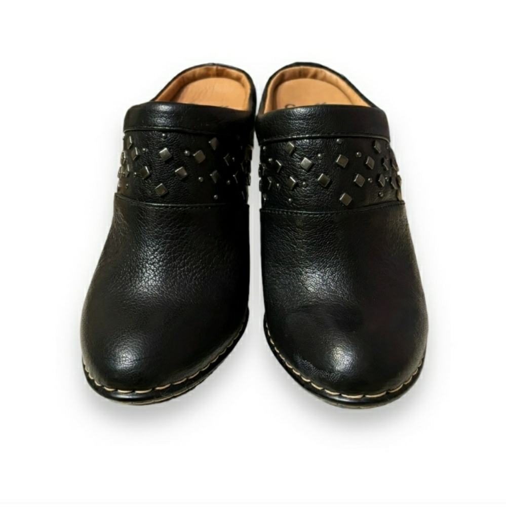 SOFFT Black Leather Heeled Mules Silver Stud Design - Picture 6 of 7